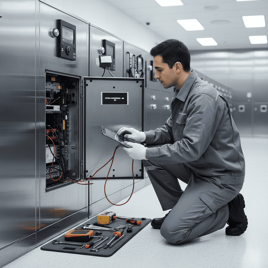 Persona revisando una caja de seguridad como parte del mantenimiento operativo