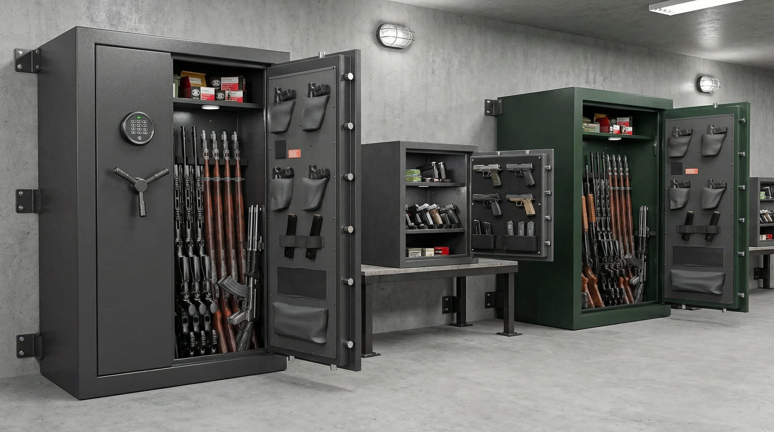 Armeros y cajas fuertes para armas largas y cortas anclados y organizados en una sala de seguridad