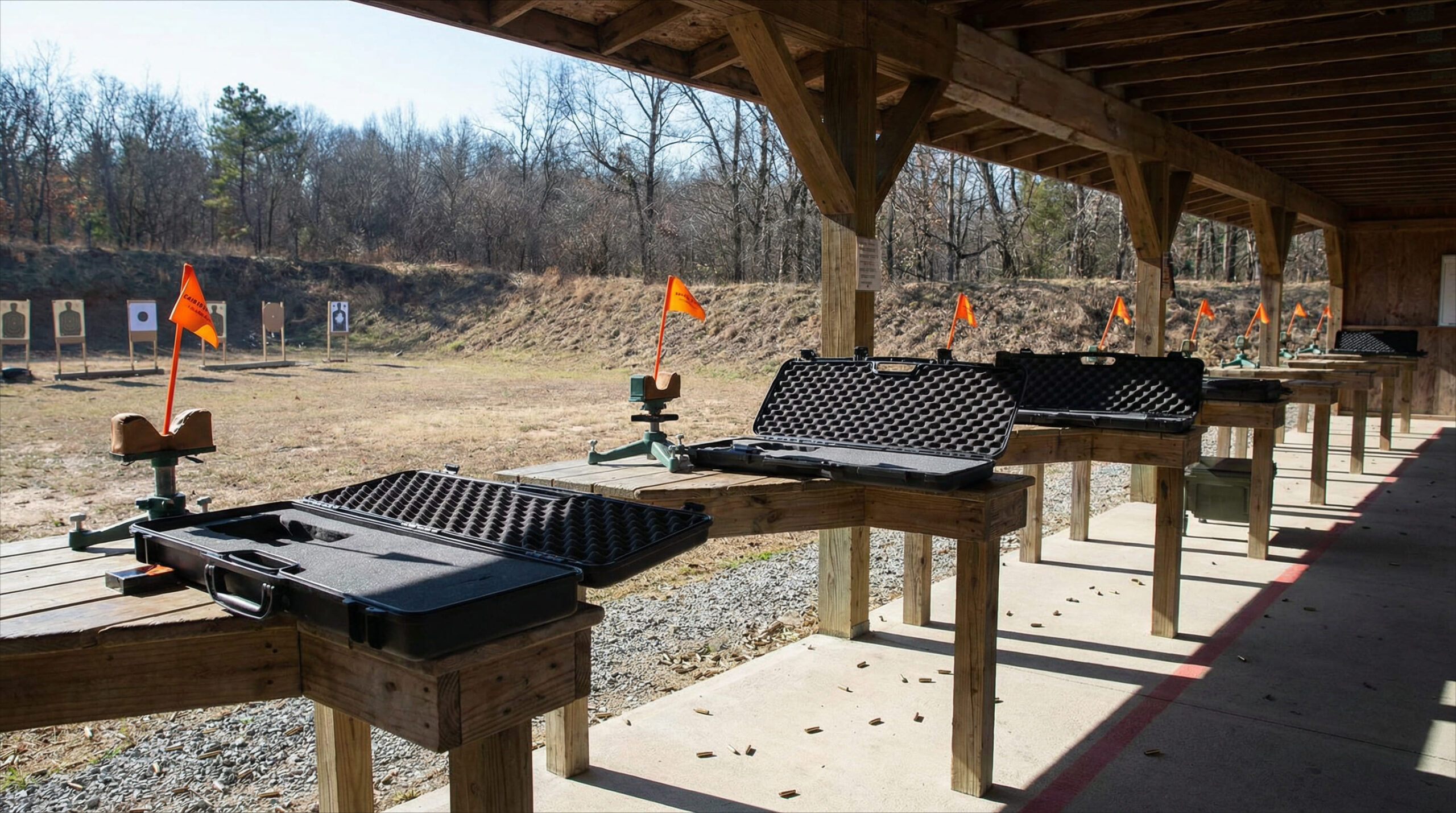 Línea de tiro con armas apoyadas y banderas de recámara naranjas visibles