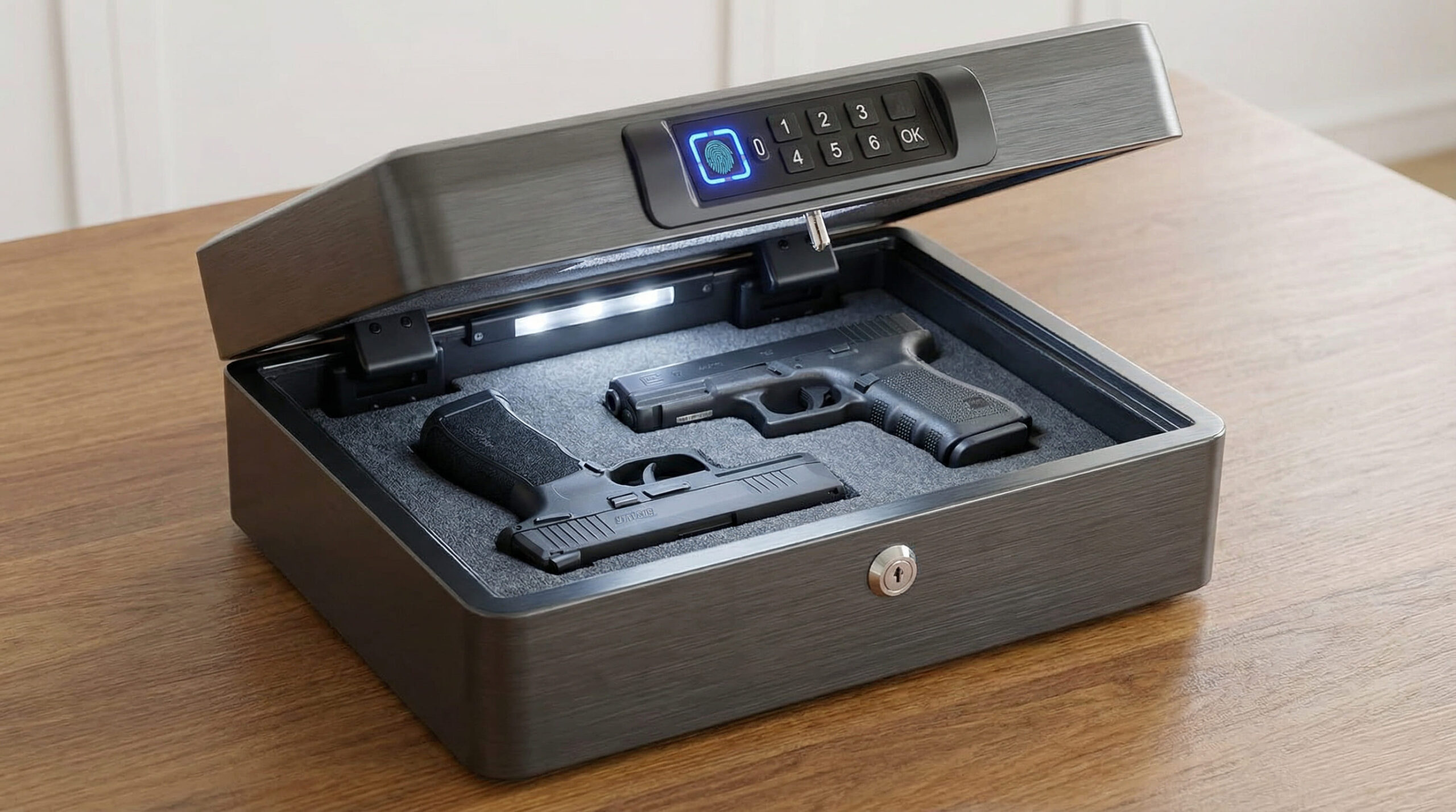 Agente comparando candado de gatillo biométrico y de combinación sobre una mesa táctica