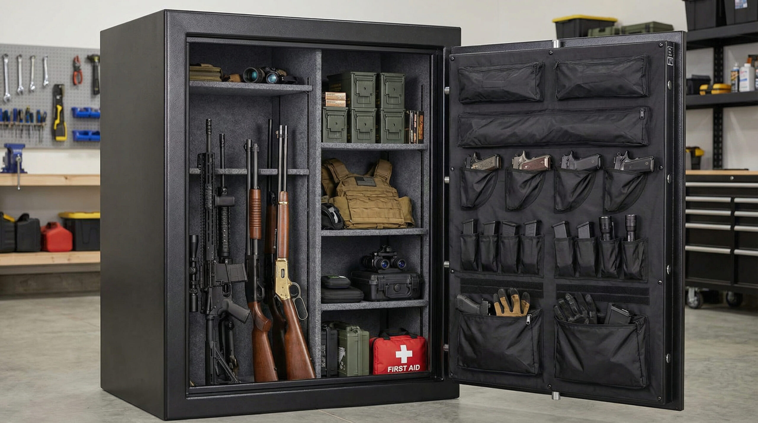Caja fuerte para armas largas anclada y organizada con rifles en posición vertical