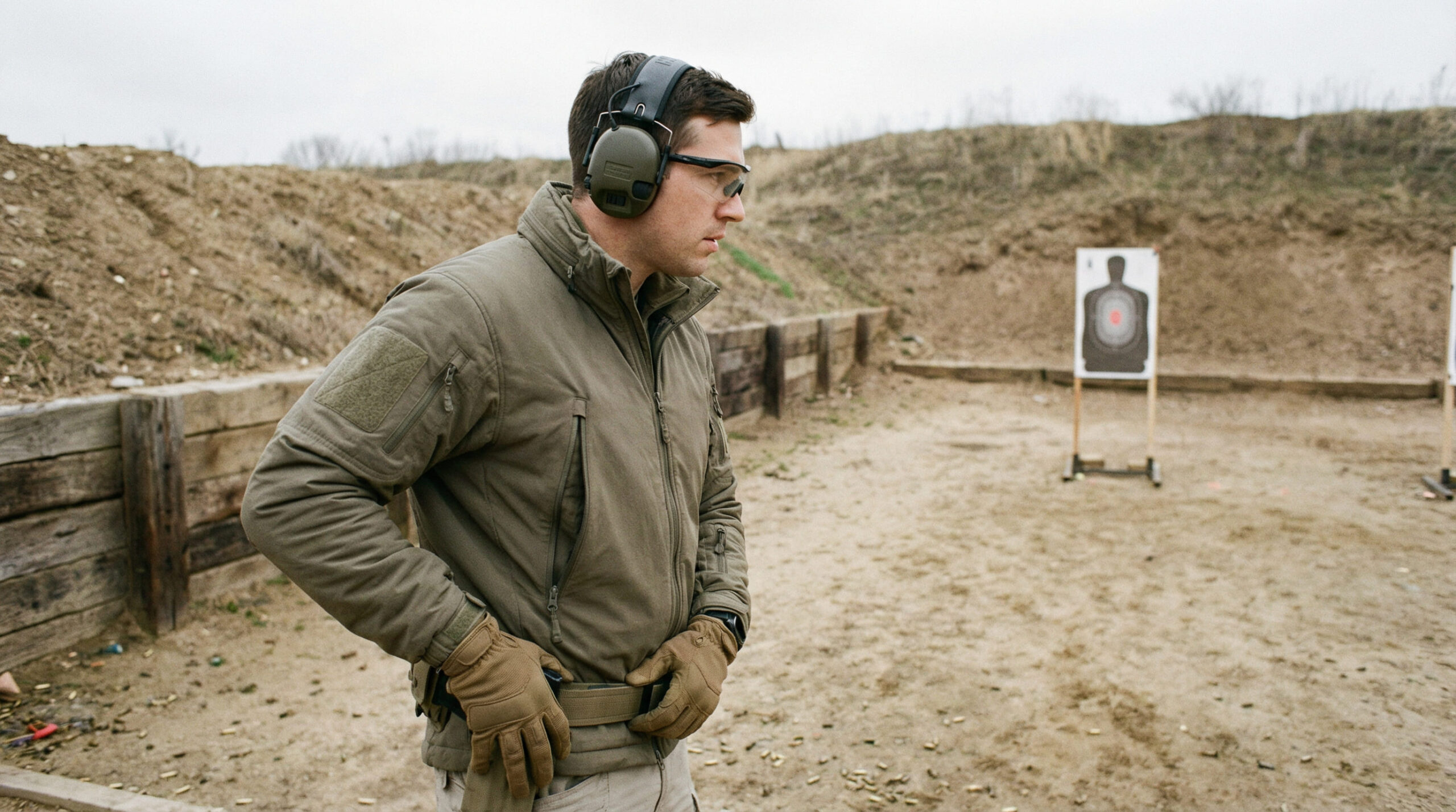 Tirador con auriculares electrónicos y gafas de tiro transparentes en un polígono