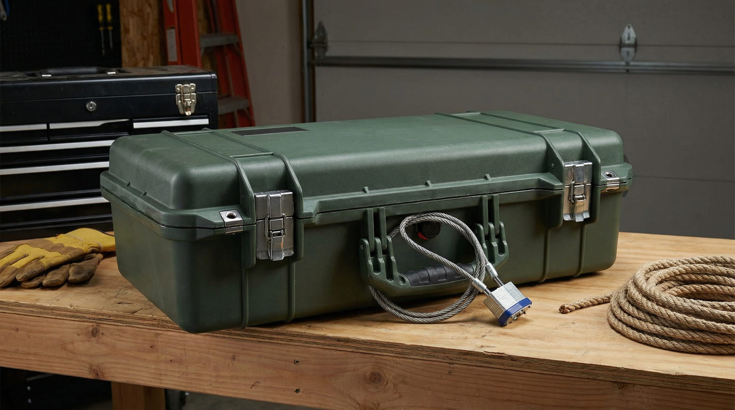 Rifle de caza asegurado con candado de cable dentro de un estuche reforzado