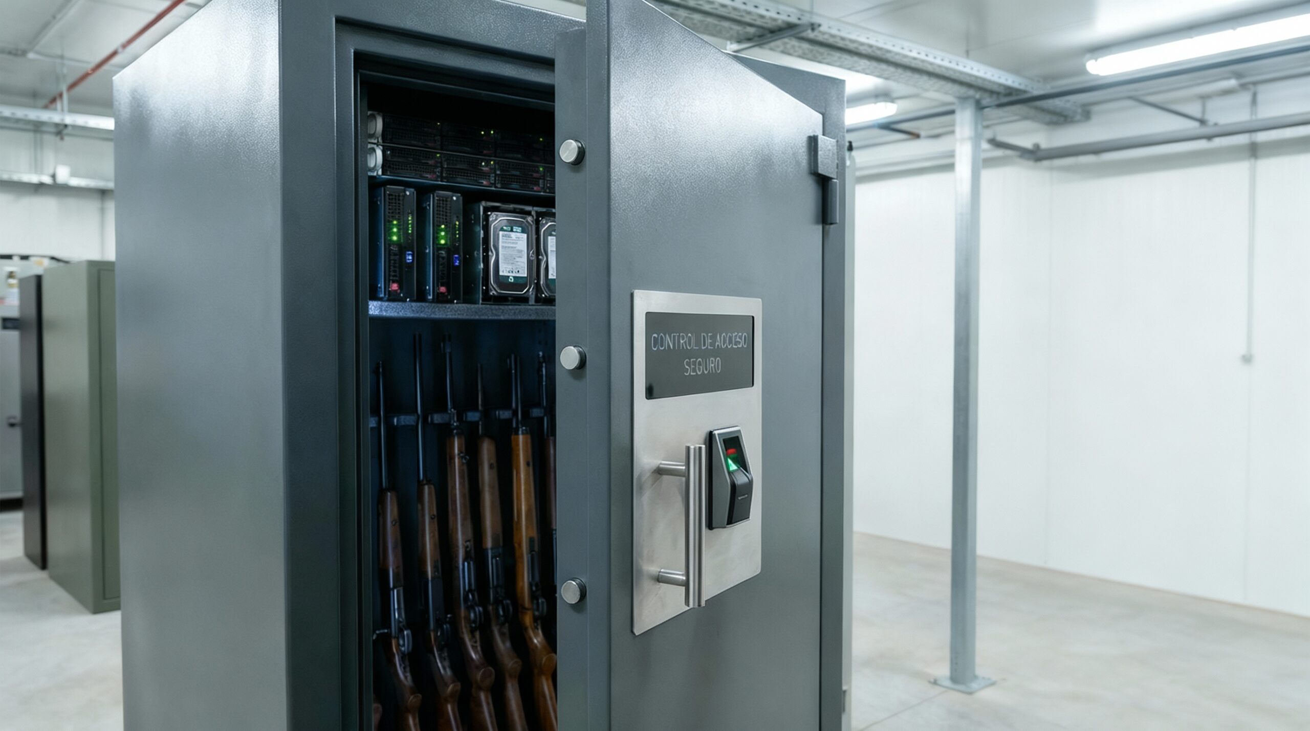 Gabinete de seguridad empresarial biométrico anclado en una sala de control