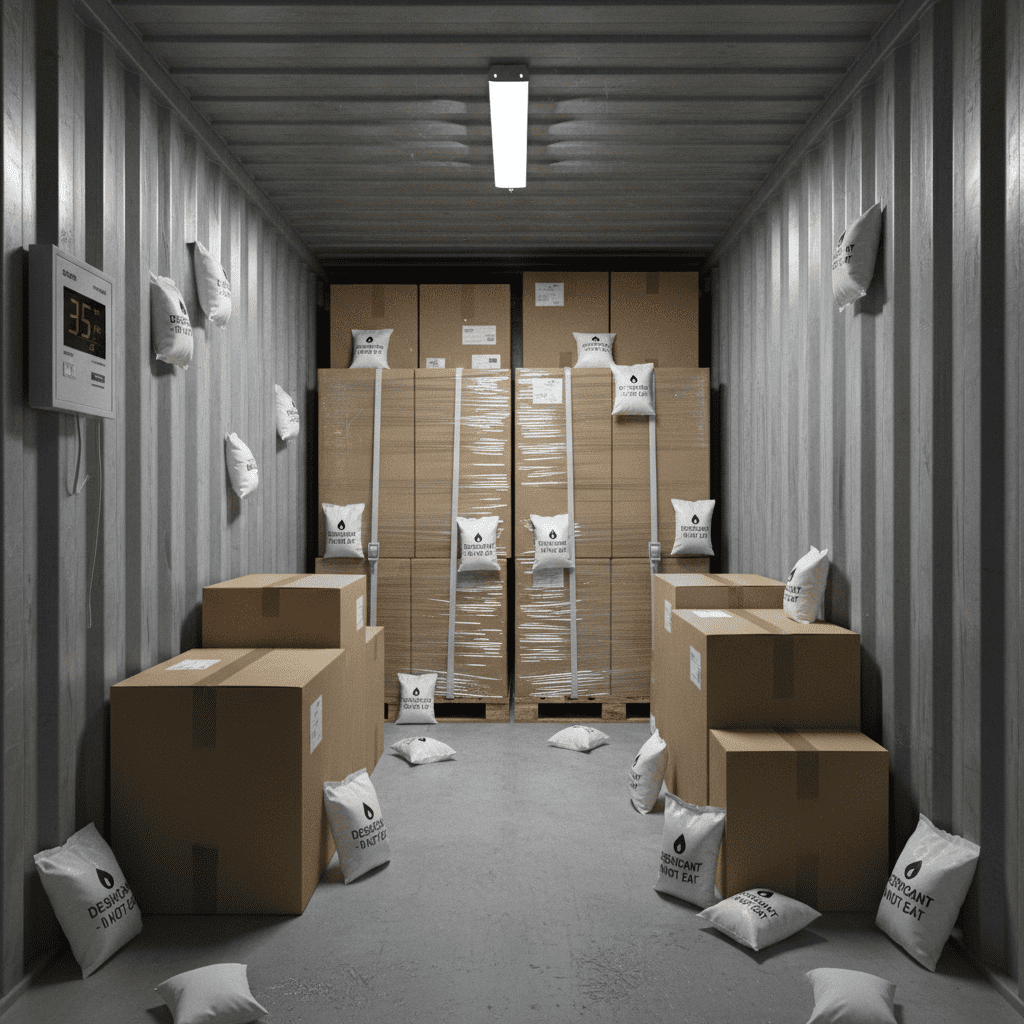 Interior de contenedor con sobres desecantes para controlar la humedad