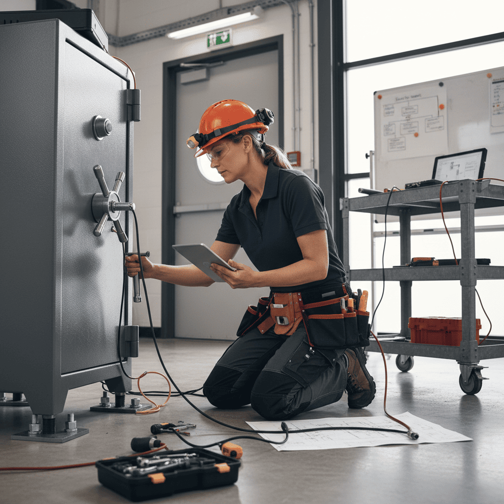 Inspector revisando el anclaje de una caja fuerte