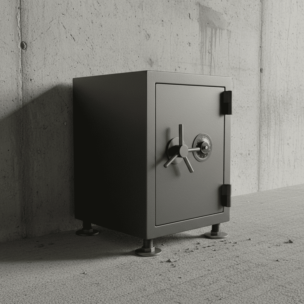 Caja fuerte instalada en piso de hormigón junto a muro