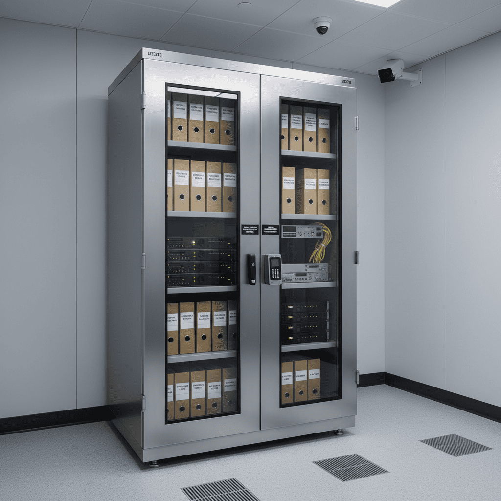 Documentos y equipos críticos resguardados en un gabinete empresarial