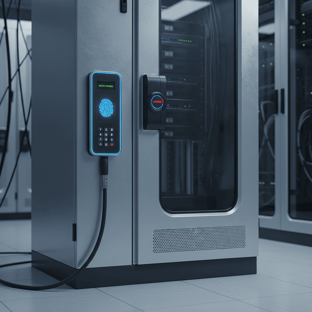 Panel biométrico y cerradura electrónica en gabinete de seguridad