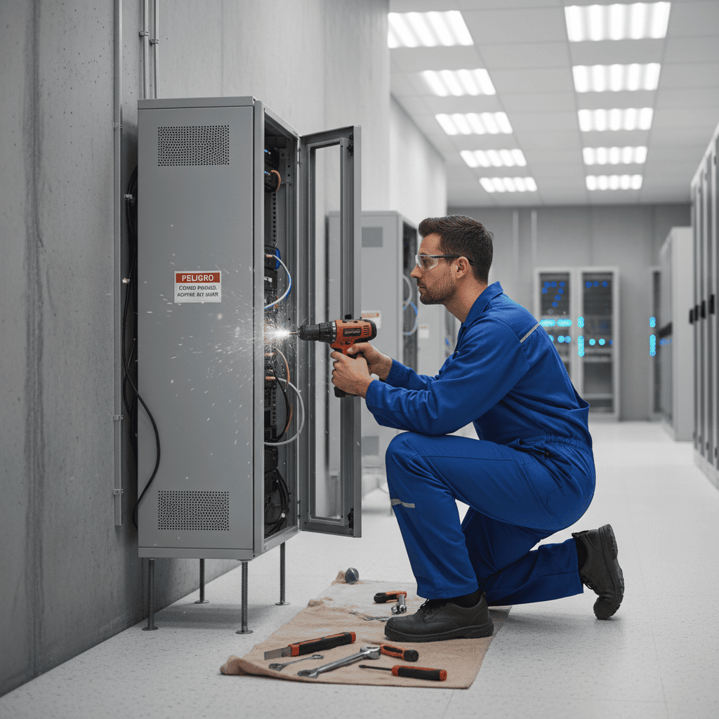 Técnico anclando un gabinete de seguridad al muro