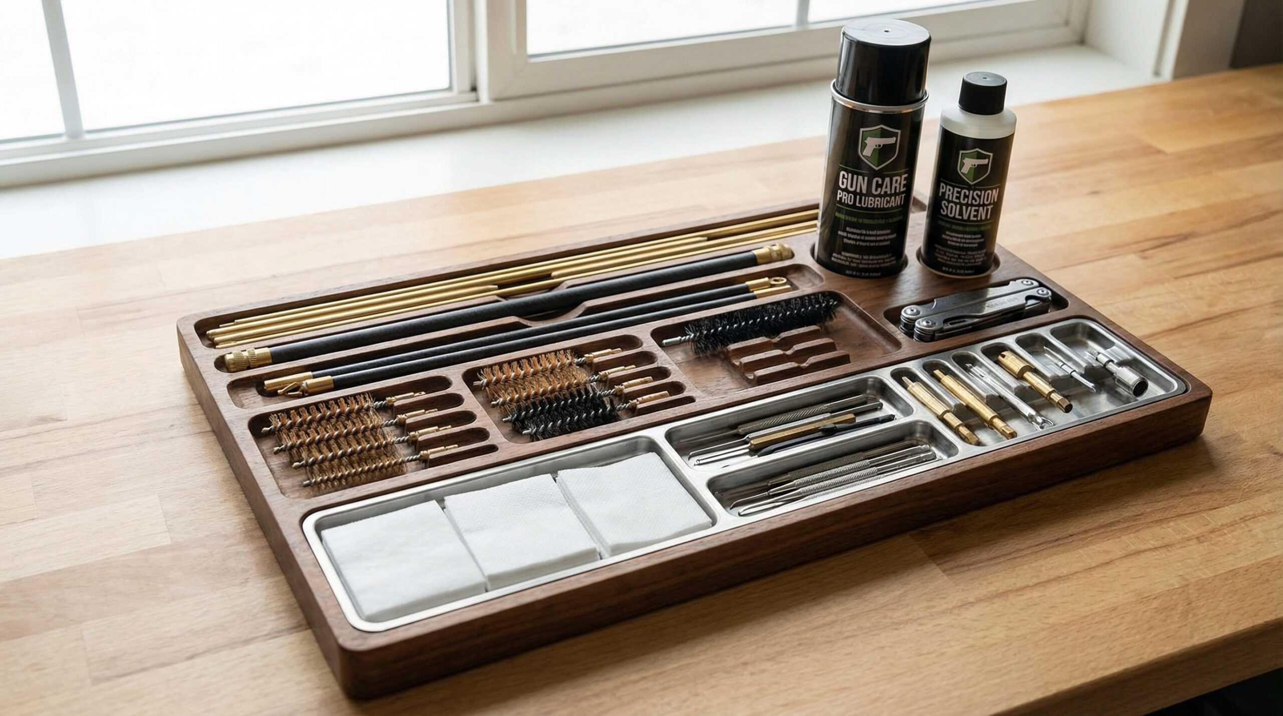 Kit de limpieza con baquetas, cepillos, lubricante y bandeja para mantenimiento de armas