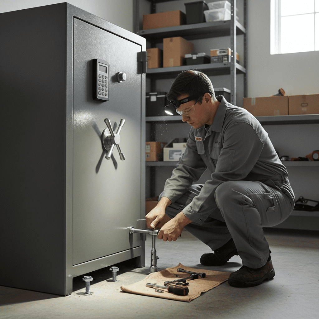 Persona comprobando los pernos de anclaje de una caja fuerte
