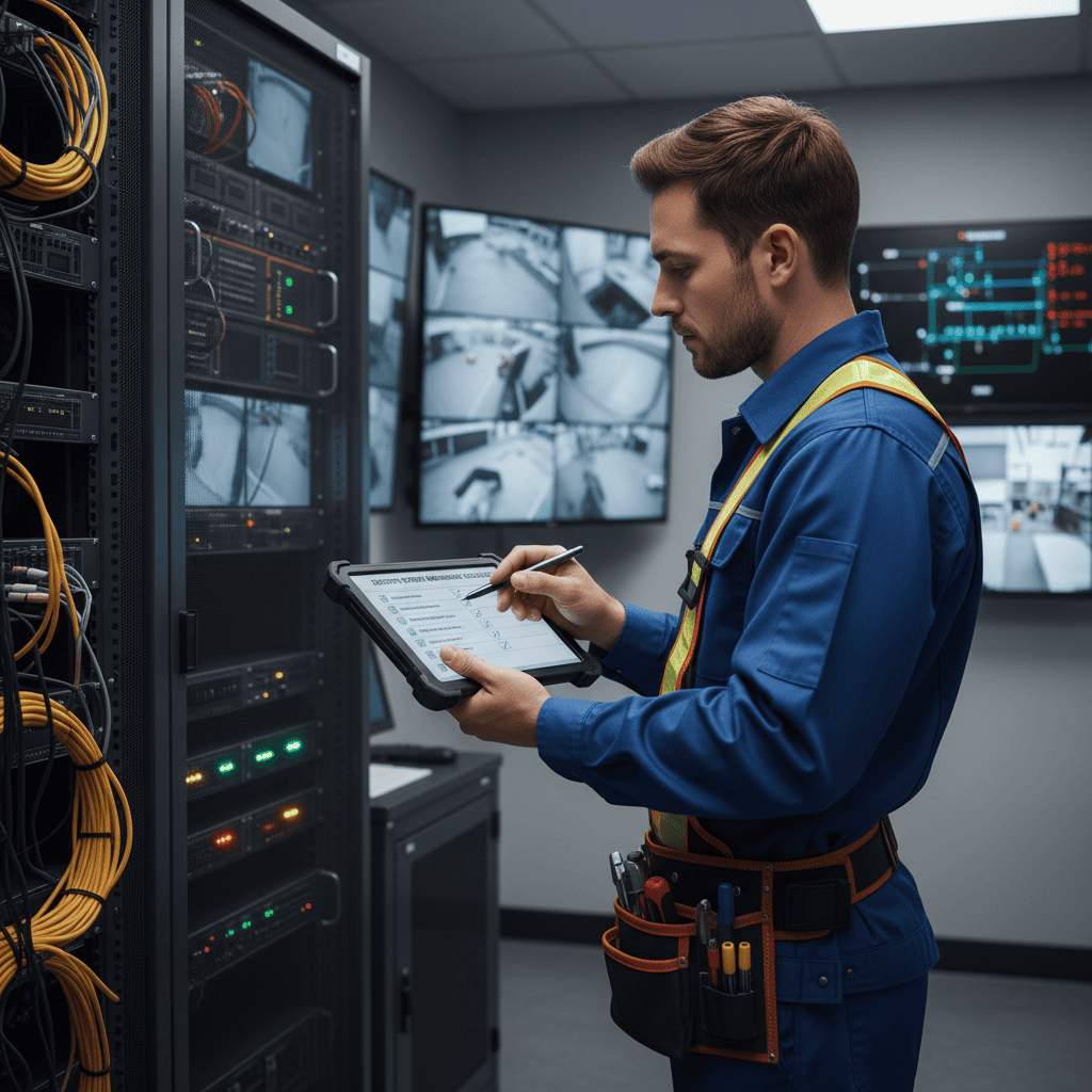 Técnico realizando un checklist de mantenimiento en un sistema de seguridad